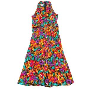 Paquette Too Floral Midi Dress Size 14 Halter Neck Sleeveless Belted Rayon